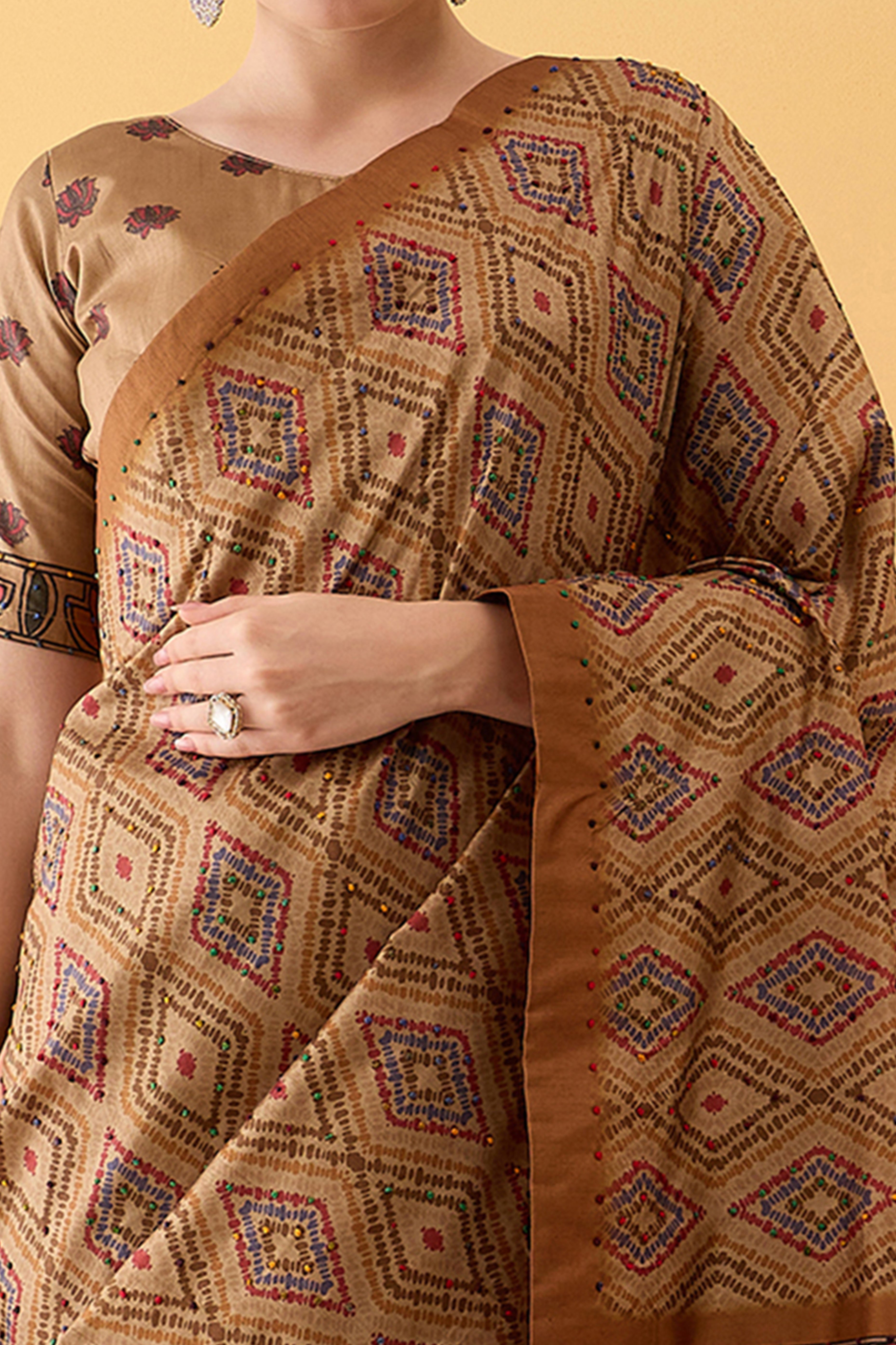 Beige Kalamkari Inspired Printed Cotton Silk Saree Intricate Knot Work Ethnic Artistry