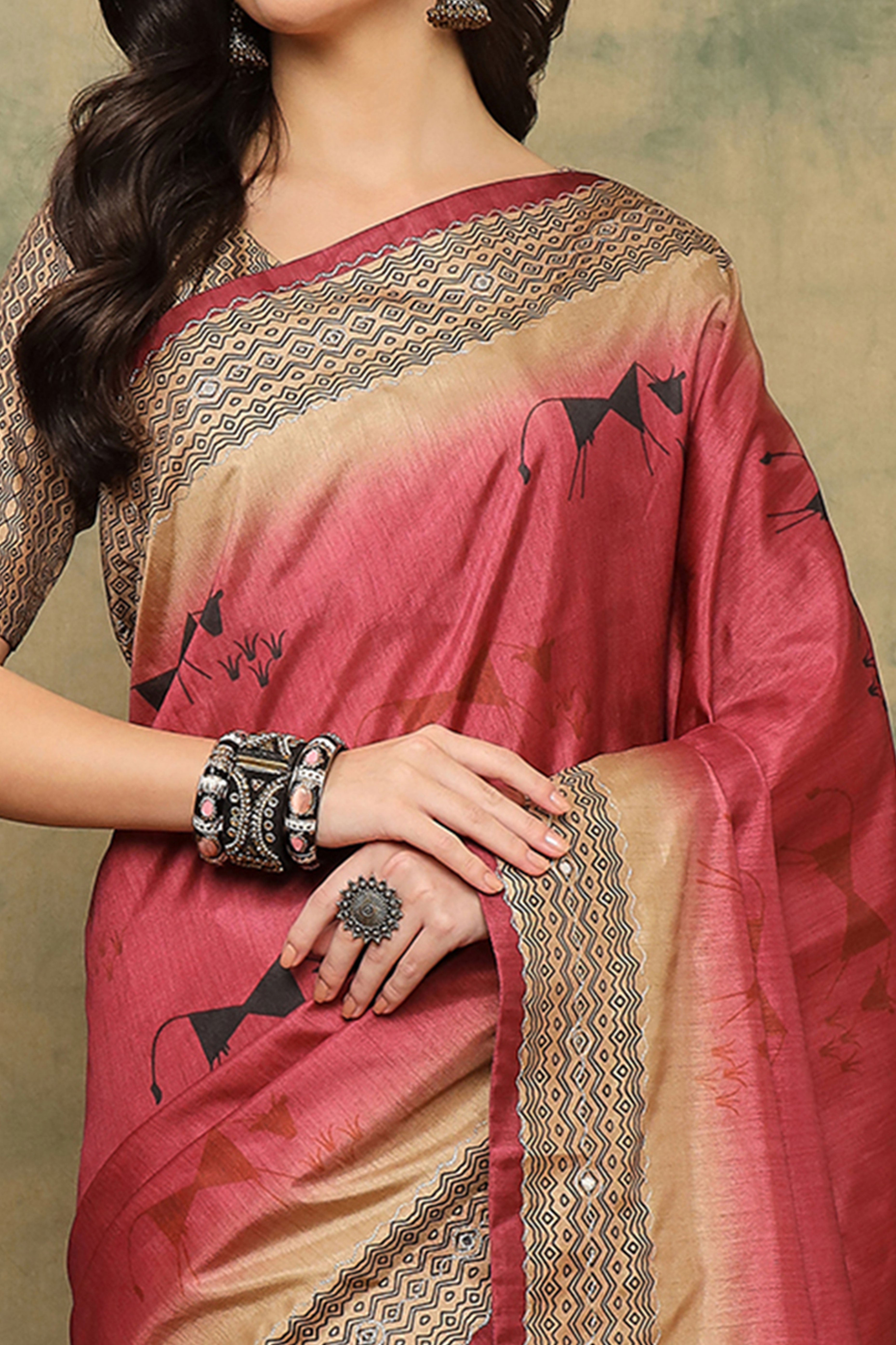 Red Warli Folk Art Printed Cotton Silk Saree Flowy Drape Festive Wear