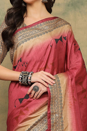 Red Warli Folk Art Printed Cotton Silk Saree Flowy Drape Festive Wear