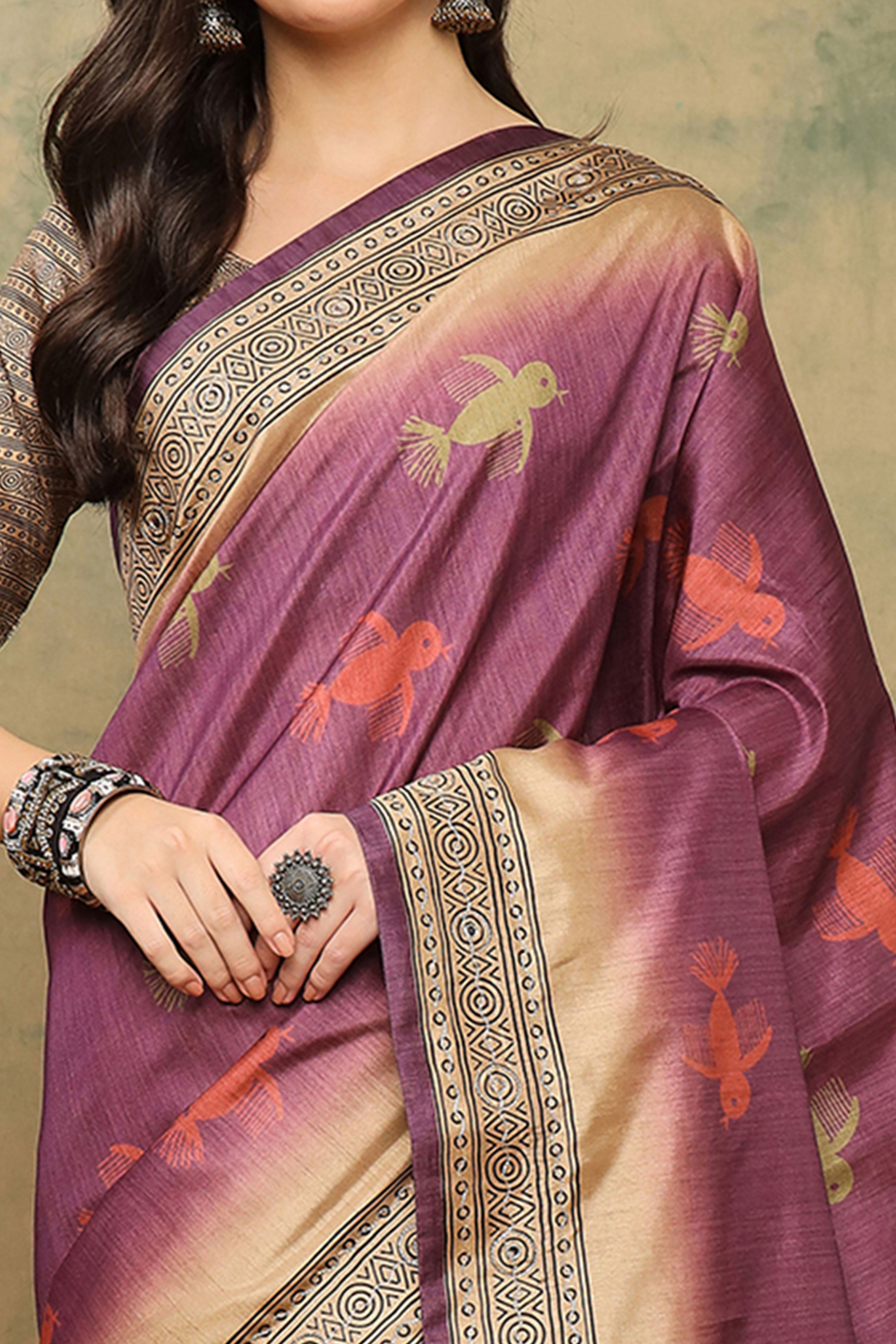 Wine Warli Folk Art Printed Cotton Silk Saree Flowy Drape Festive Wear