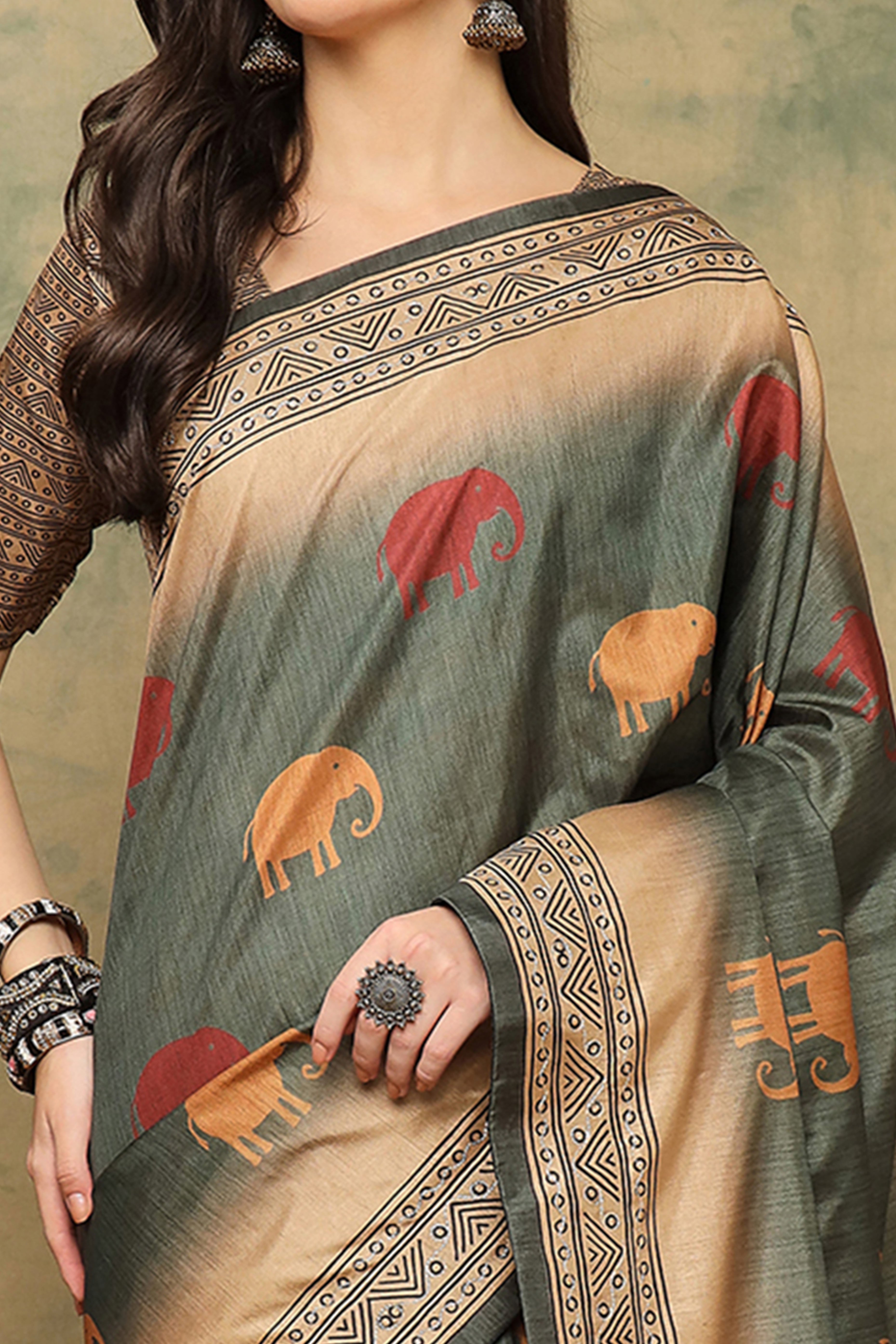 Greyish Green Warli Folk Art Printed Cotton Silk Saree Flowy Drape Festive Wear