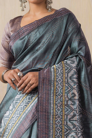 Traditional Ikkat Print Grey Silk Blend Saree