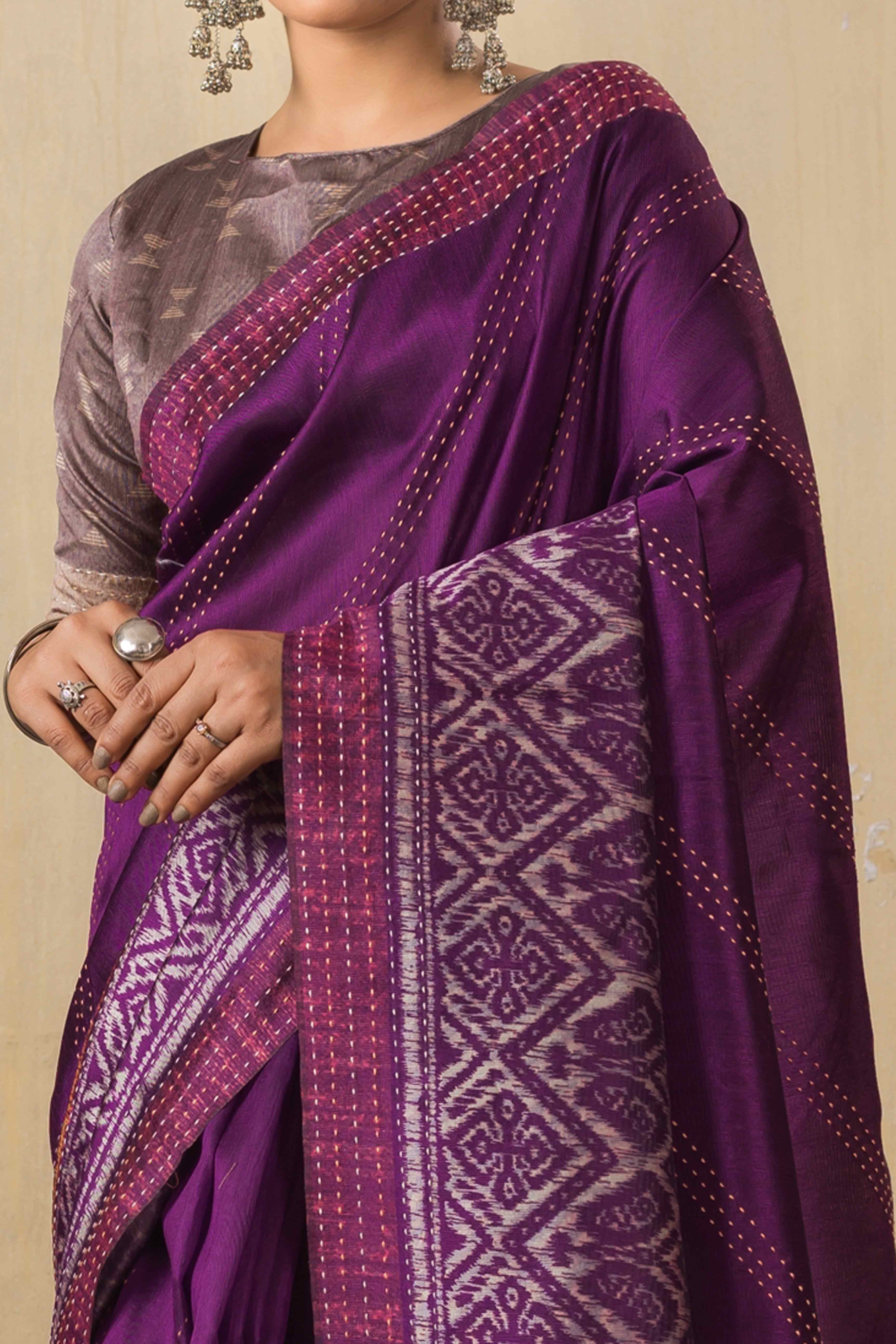 Traditional Ikkat Print Purple Silk Blend Saree