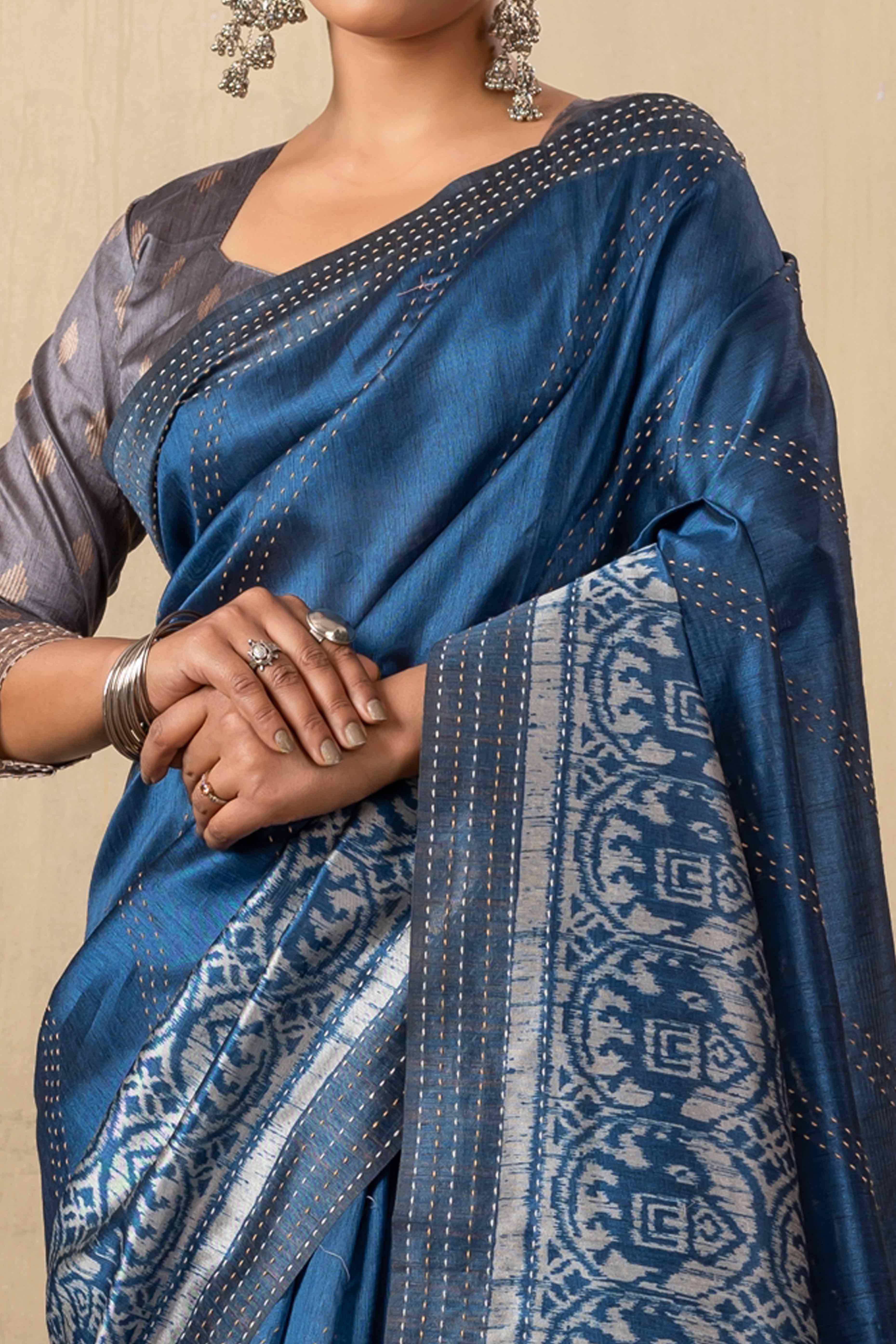 Traditional Ikkat Print Teal Silk Blend Saree