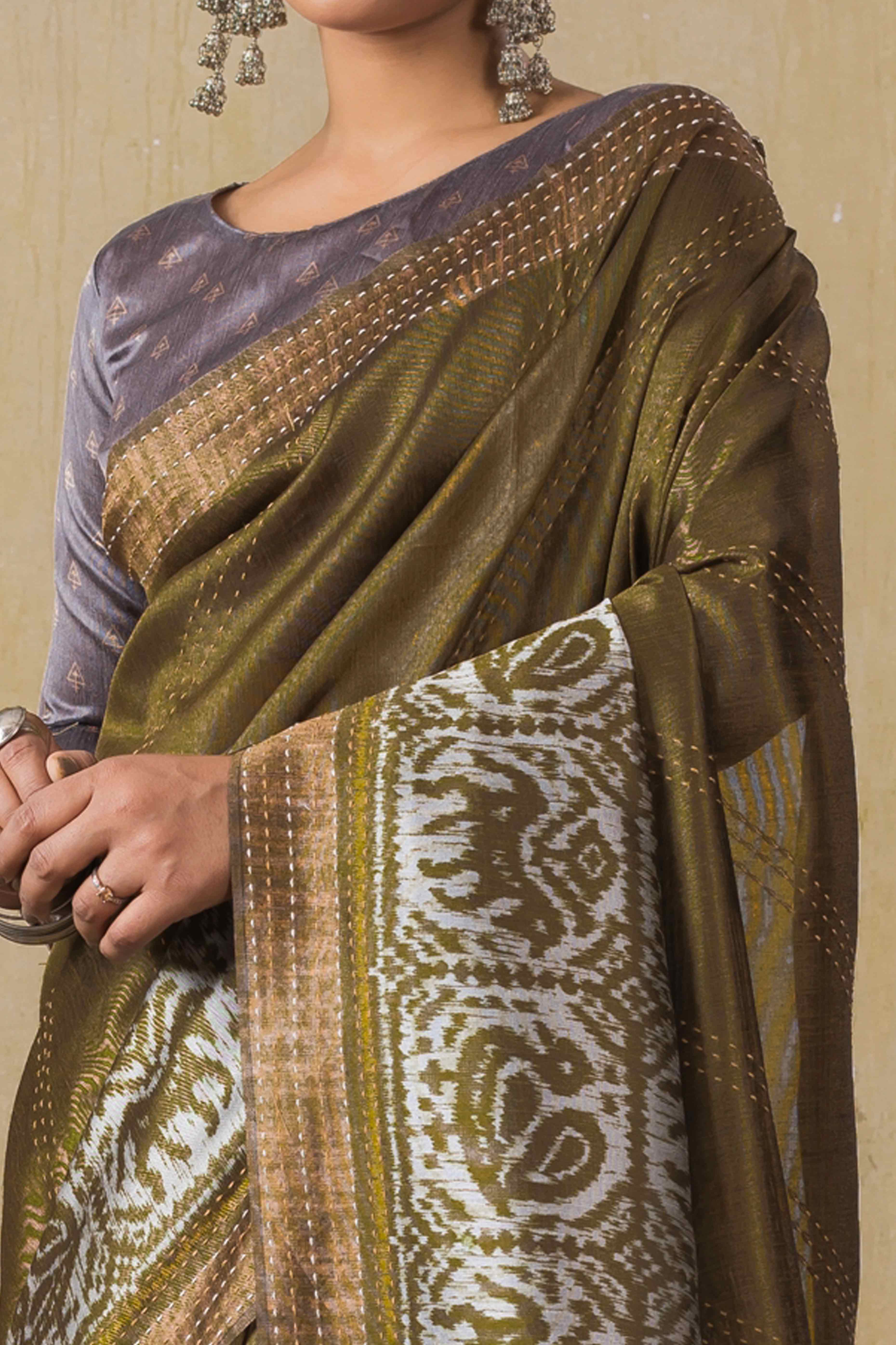Traditional Ikkat Print Green Silk Blend Saree