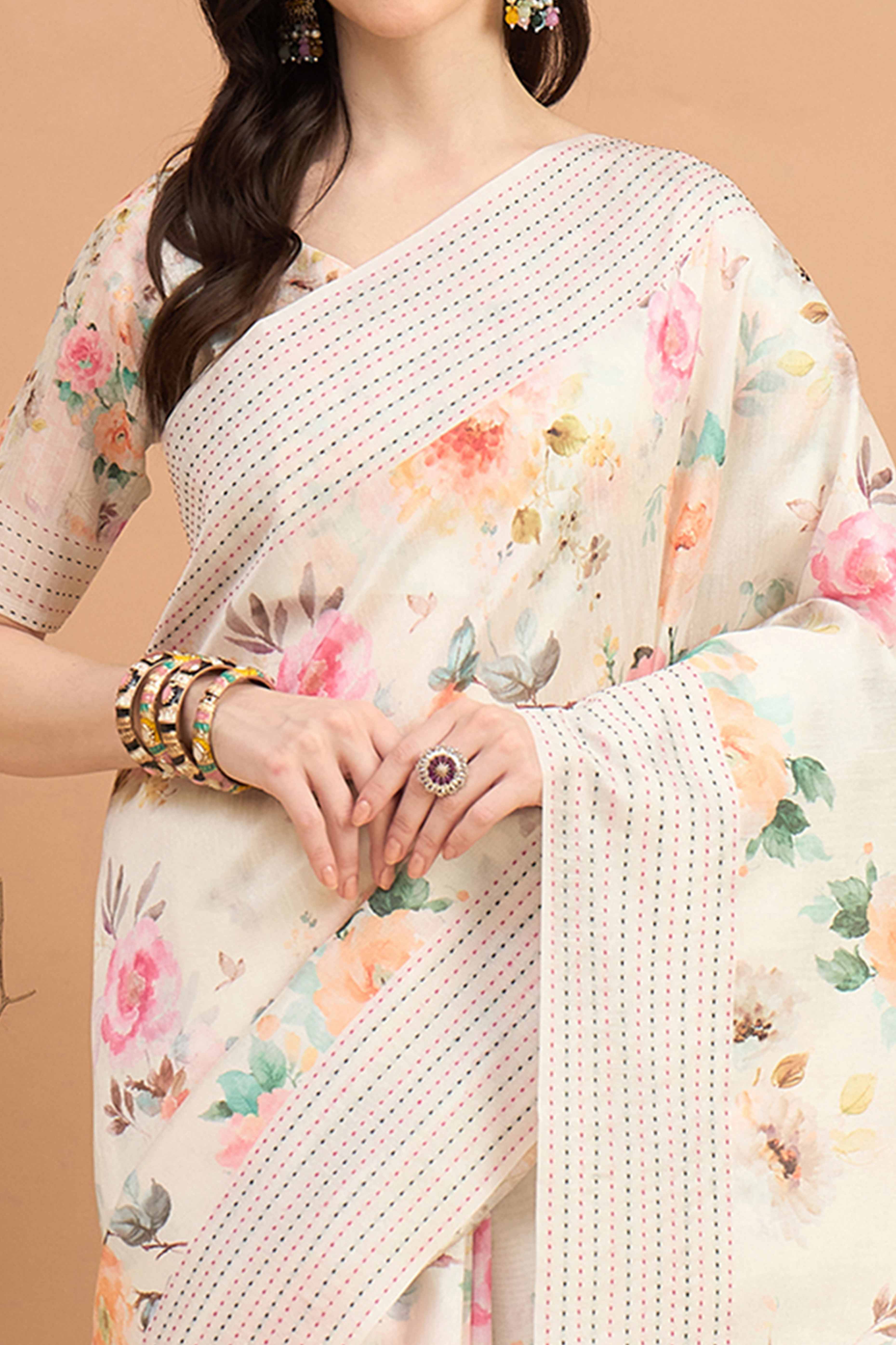 Offwhite Silk Blend Saree With Floral Prints & Delicate Tassels Border