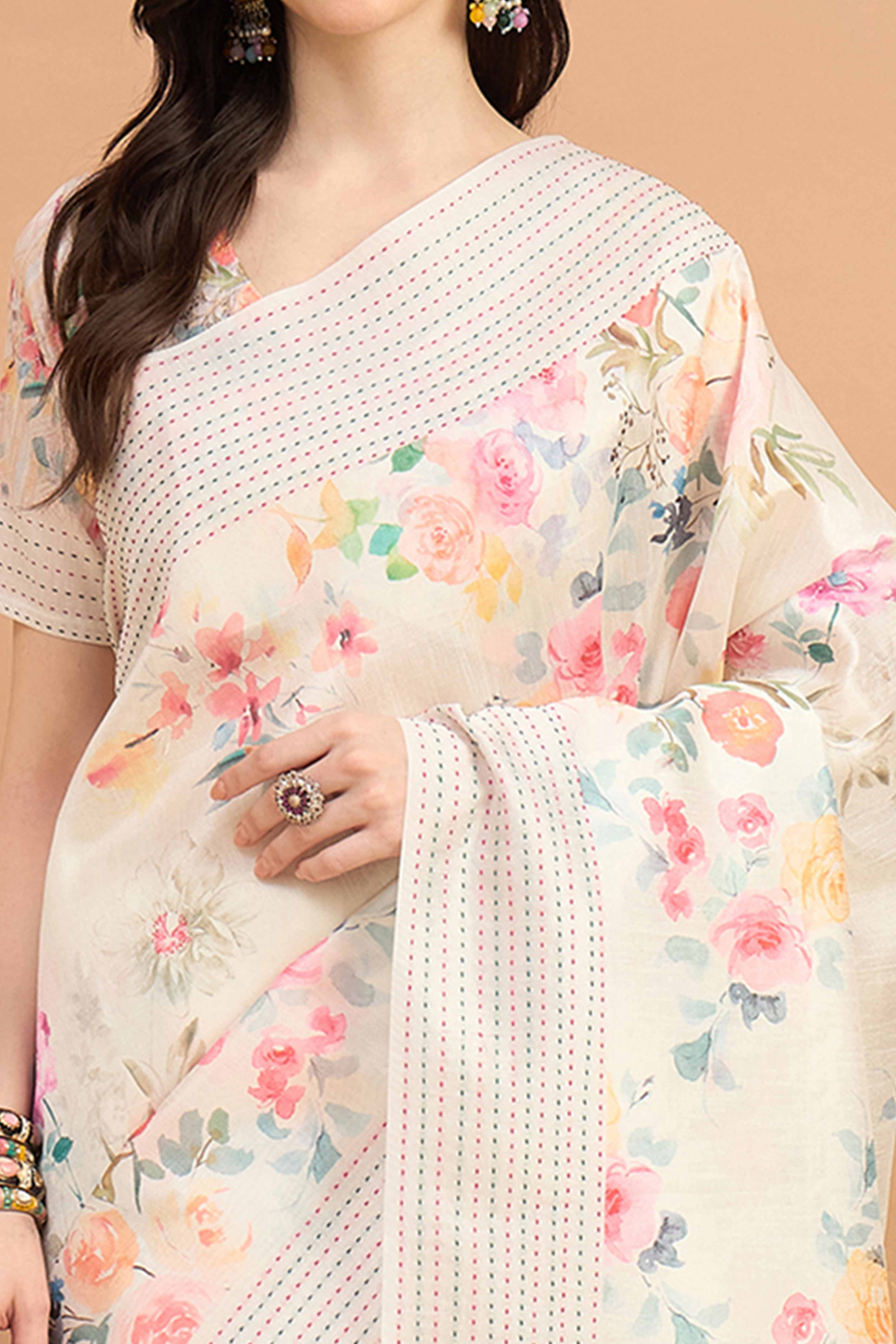 Offwhite Silk Blend Saree With Floral Prints & Delicate Tassels Border