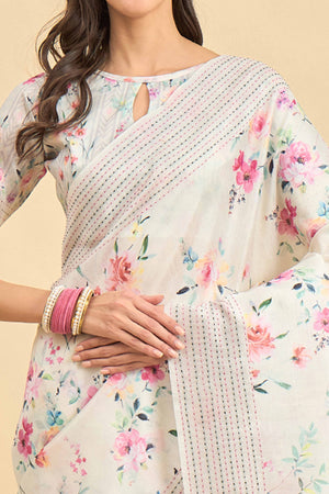 Offwhite Silk Blend Saree With Floral Prints & Delicate Tassels Border