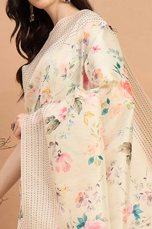 6Offwhite Silk Blend Saree With Floral Prints & Delicate Tassels Border