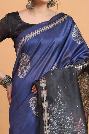 Handcrafted Navy Blue Floral Block Print Saree in Cotton Silk with Decorative Mirror Embroidery