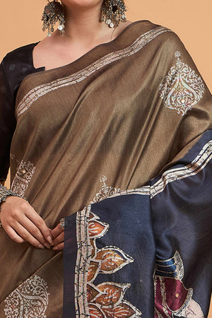 Handcrafted Brown Floral Block Print Saree in Cotton Silk with Decorative Mirror Embroidery