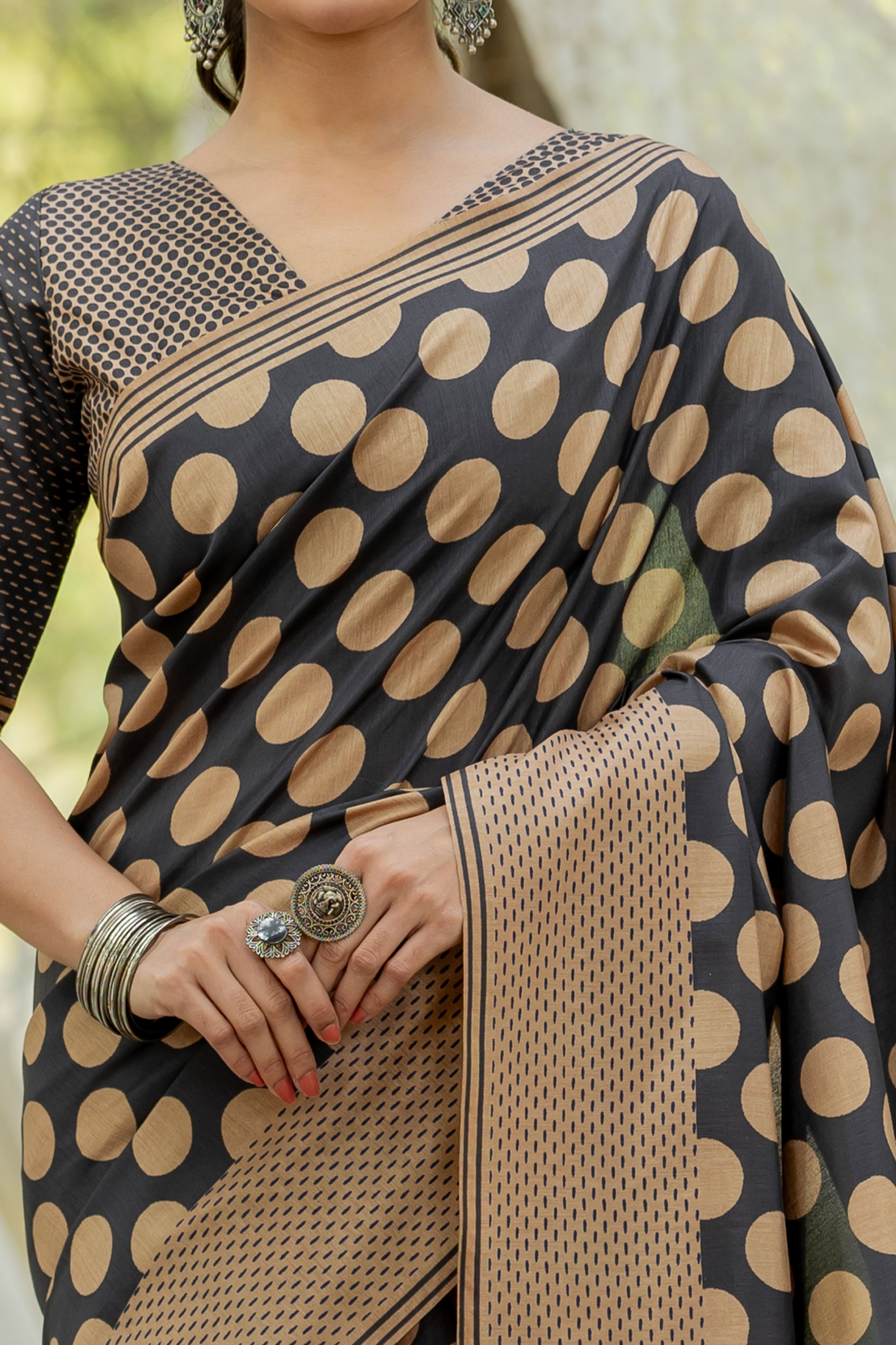 Black Kozi Cotton Silk Saree Showcasing Digital Prints and Soft Tassel Edging