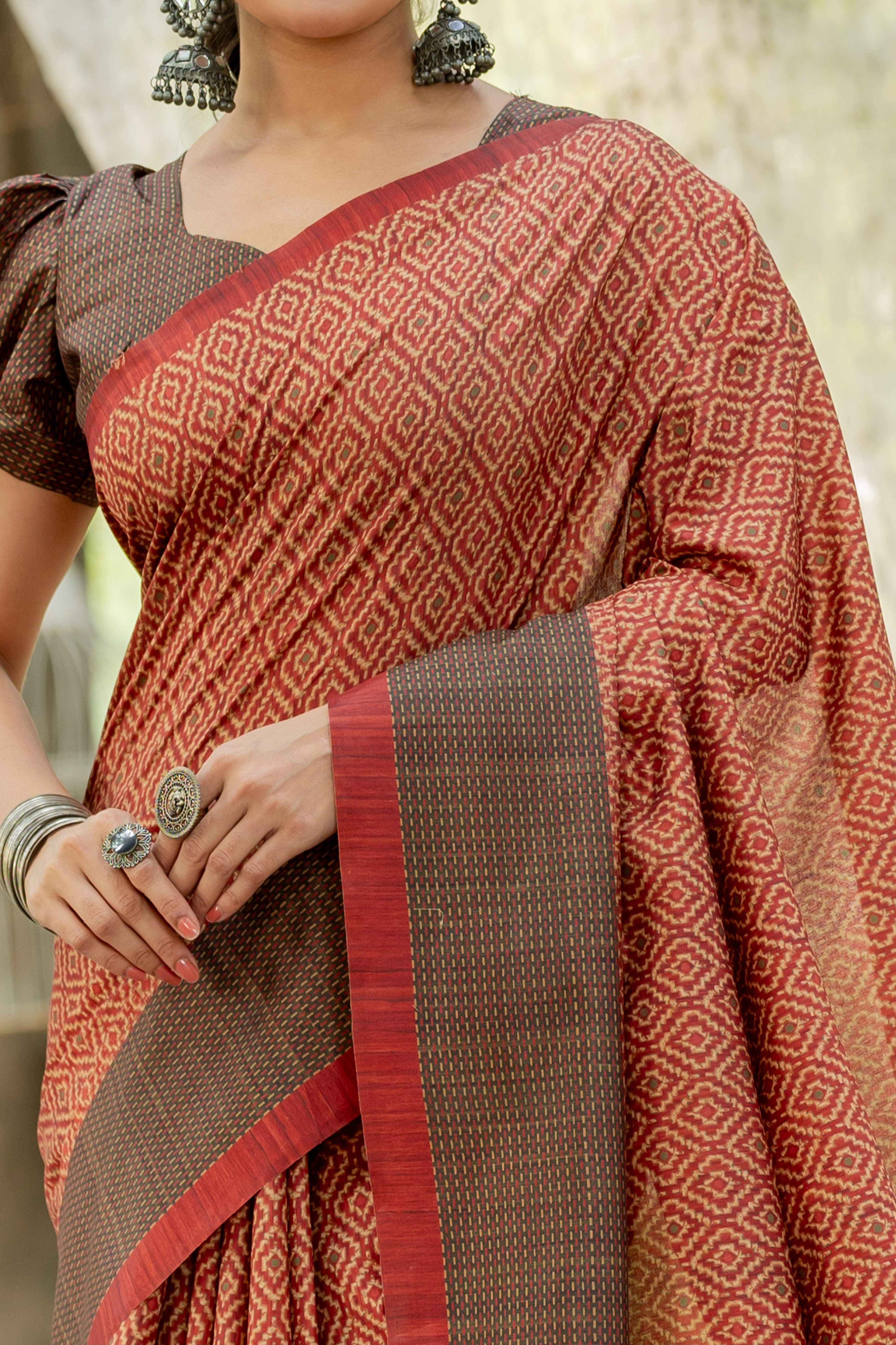 Rust Kozi Cotton Silk Saree Showcasing Digital Prints and Soft Tassel Edging