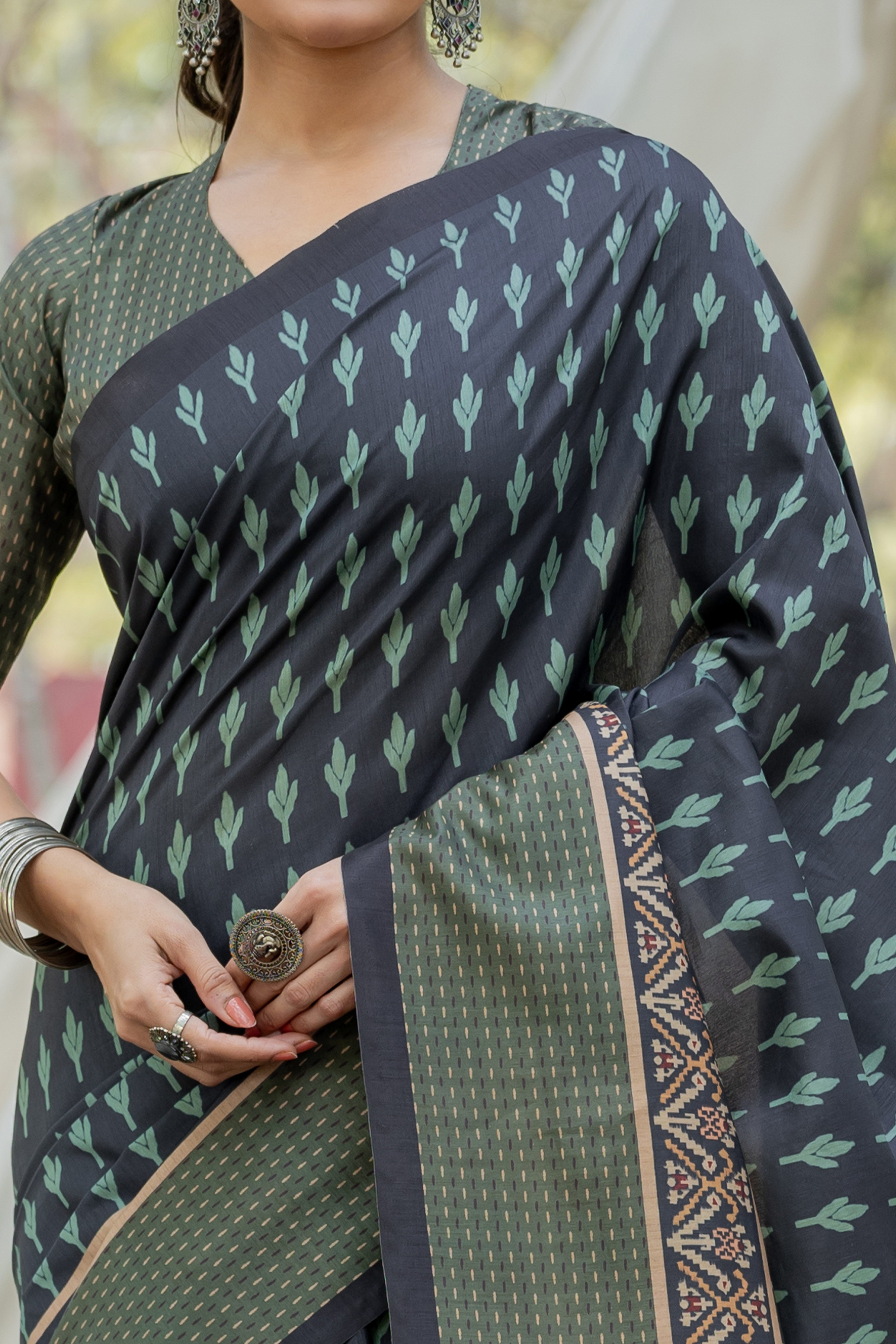 Navy Blue Kozi Cotton Silk Saree Showcasing Digital Prints and Soft Tassel Edging