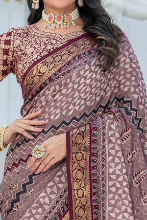 Misty Mauve Ajrakh Printed Viscose Saree With Woven Border & Elegant Tassel Pallu
