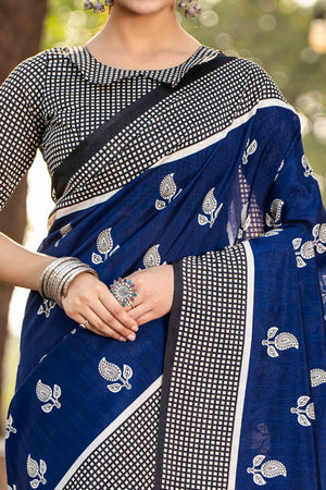Blue Bhagalpuri Silk Saree with Floral Handblock Prints
