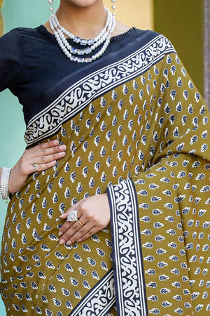 Green Bhagalpuri Silk Saree with Handblock Prints