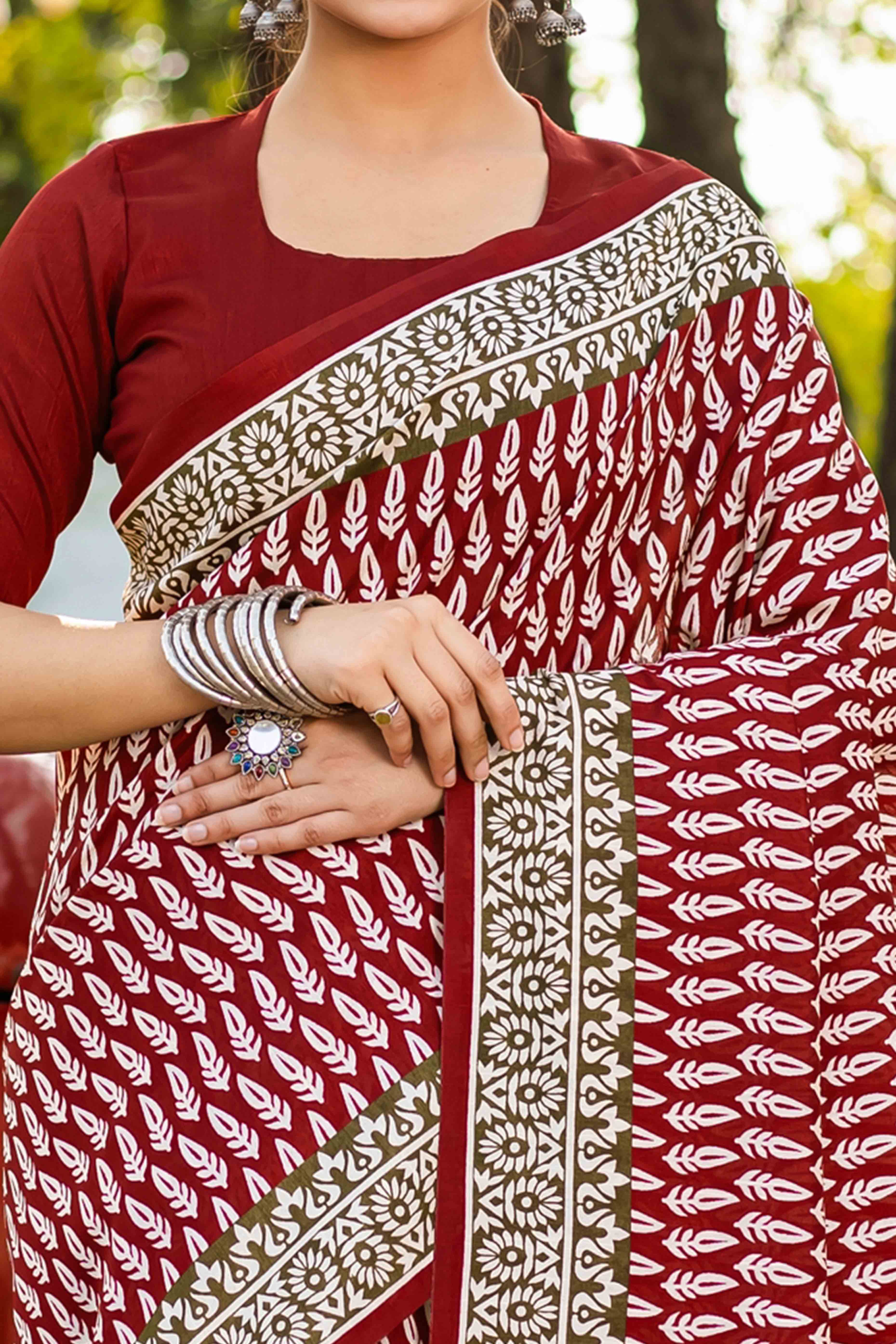 Maroon Bhagalpuri Silk Saree with Floral Handblock Prints