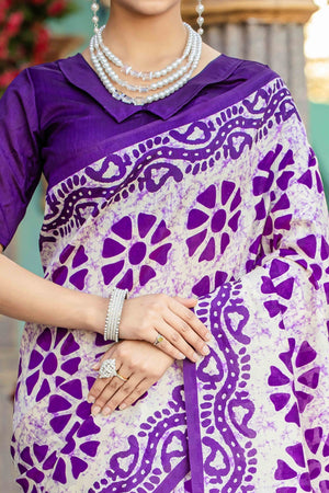 Purple Bhagalpuri Silk Saree with Floral Handblock Prints