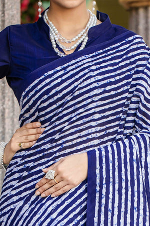 Blue Bhagalpuri Silk Saree with Striped Prints