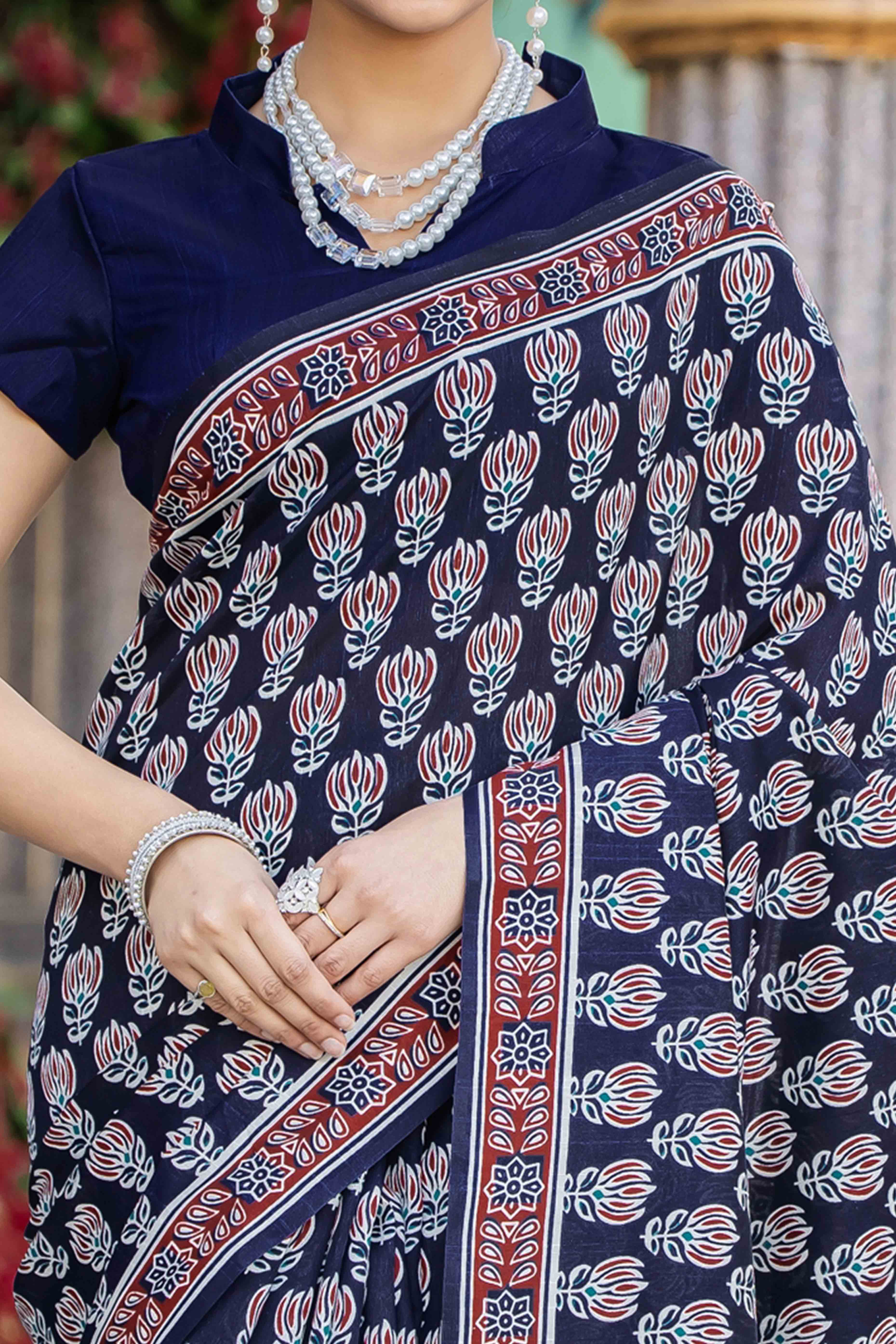 Navy Blue Bhagalpuri Silk Saree with Floral Handblock Prints