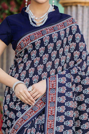 Navy Blue Bhagalpuri Silk Saree with Floral Handblock Prints