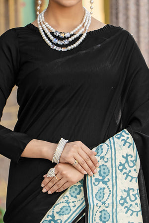 Black Bhagalpuri Silk Saree with Handblock Prints