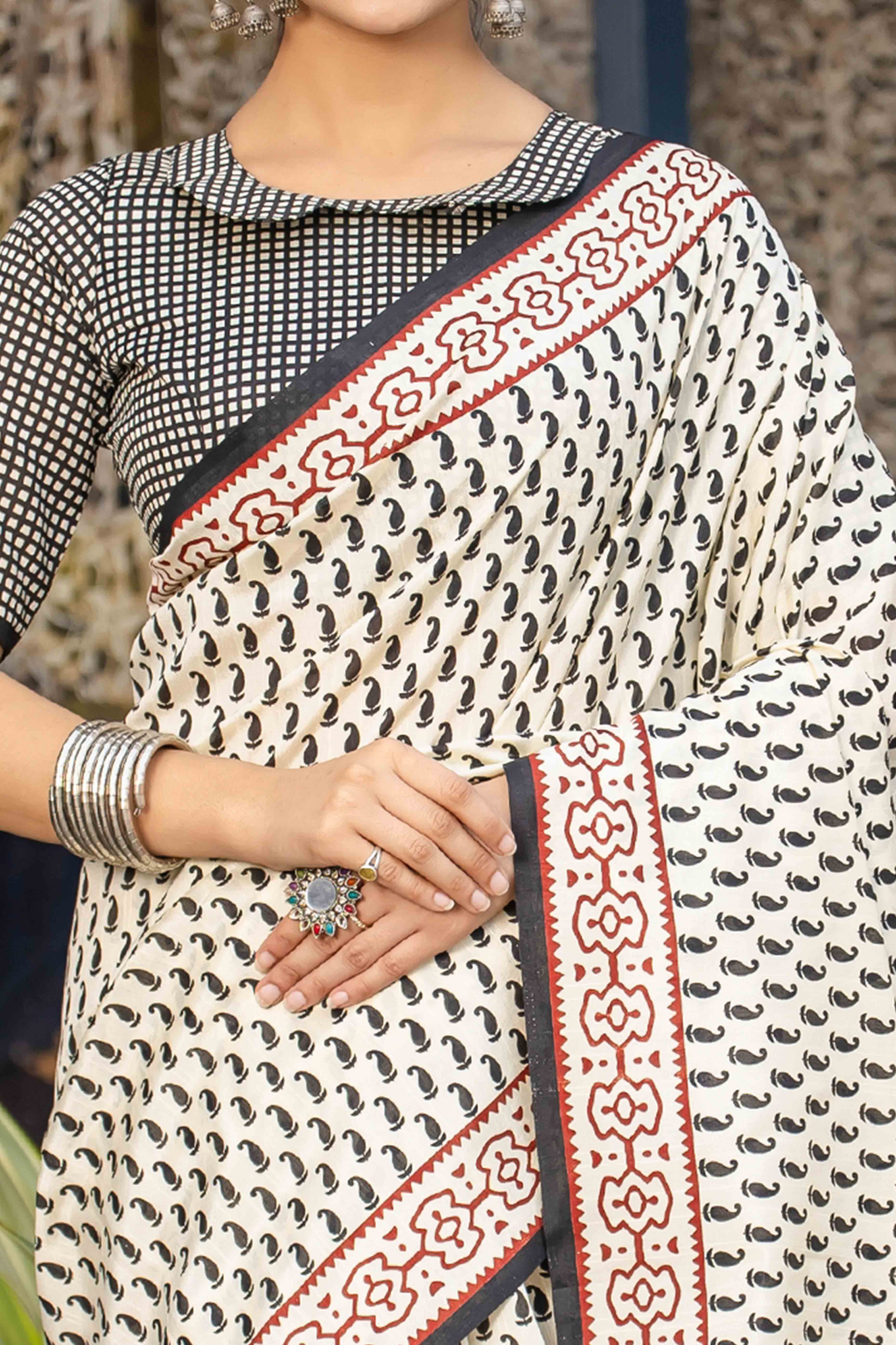 Cream & Black Bhagalpuri Silk Saree with Floral Handblock Prints