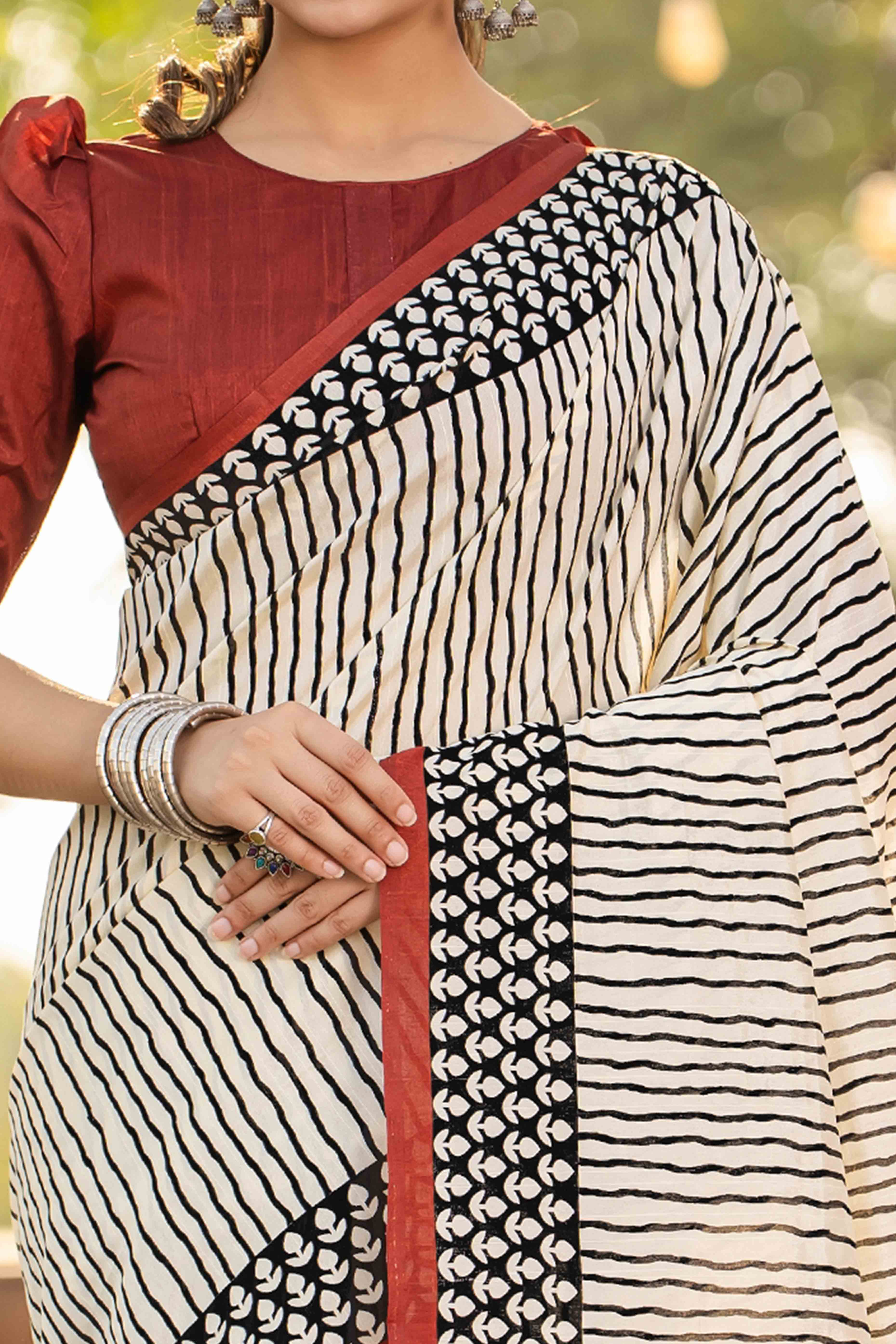 Cream Bhagalpuri Silk Saree with Striped Prints