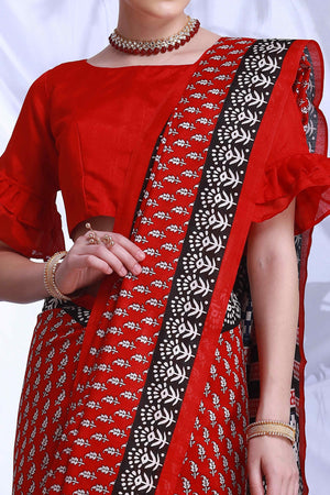 Red Printed Bhagalpuri Silk Saree
