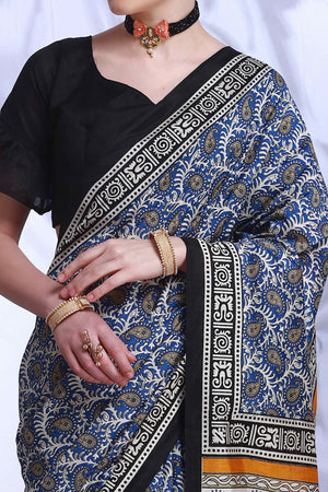 Blue Printed Bhagalpuri Silk Saree
