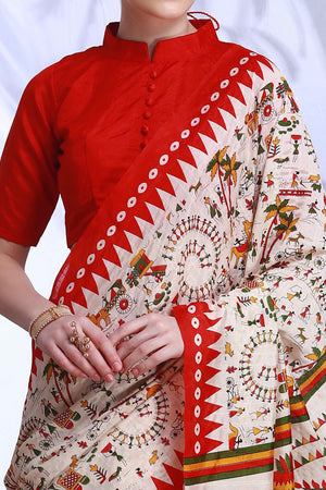 Offwhite & Red Printed Bhagalpuri Silk Saree