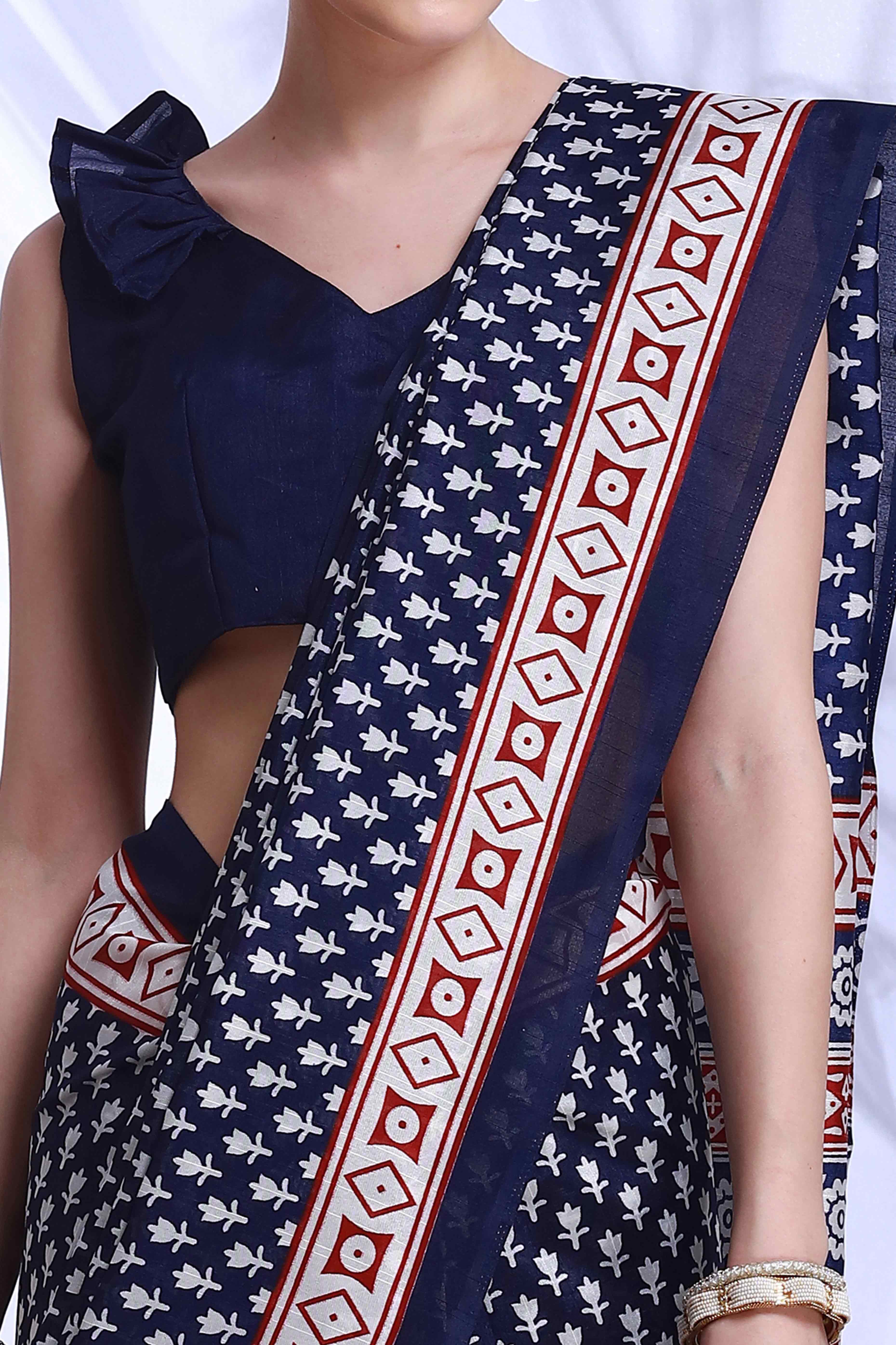 Navy Blue Printed Bhagalpuri Silk Saree