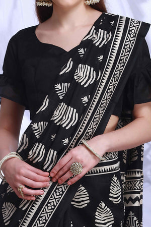 Black Printed Bhagalpuri Silk Saree