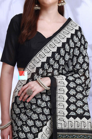 Black Printed Bhagalpuri Silk Saree