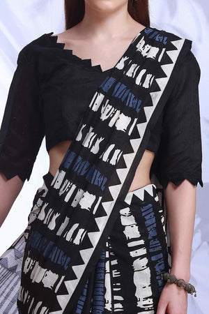 Black & White Printed Bhagalpuri Silk Saree