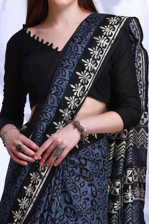 Blue & Black Printed Bhagalpuri Silk Saree