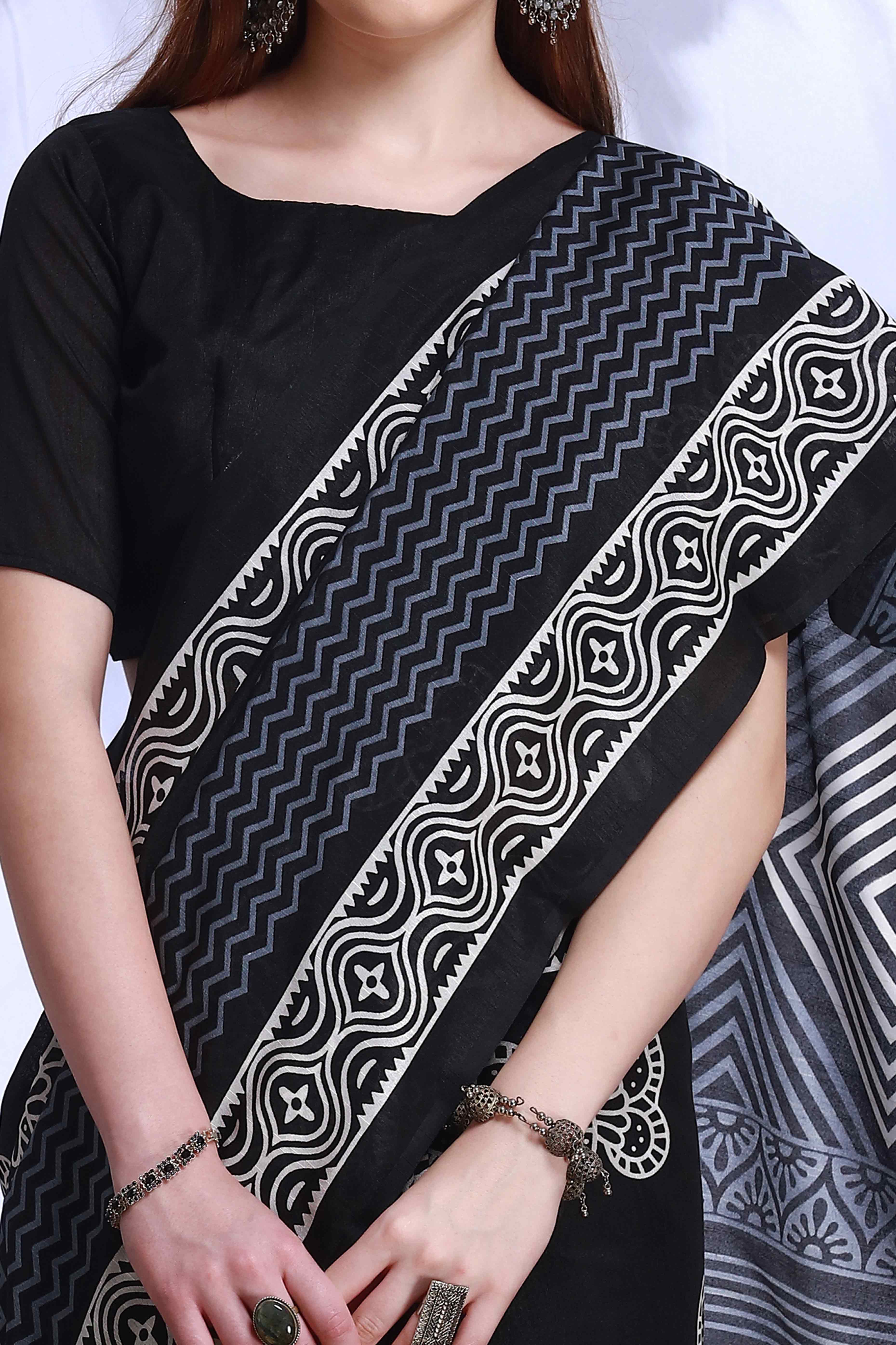 Black Printed Bhagalpuri Silk Saree