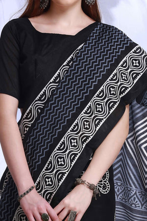 Black Printed Bhagalpuri Silk Saree