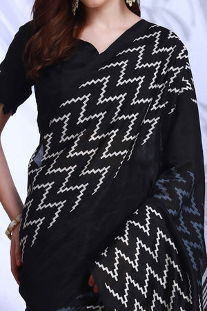 Black Printed Bhagalpuri Silk Saree