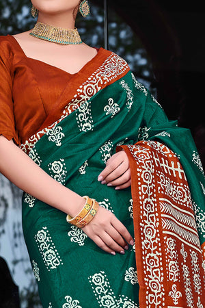 Green & Rust Printed Bhagalpuri Silk Saree