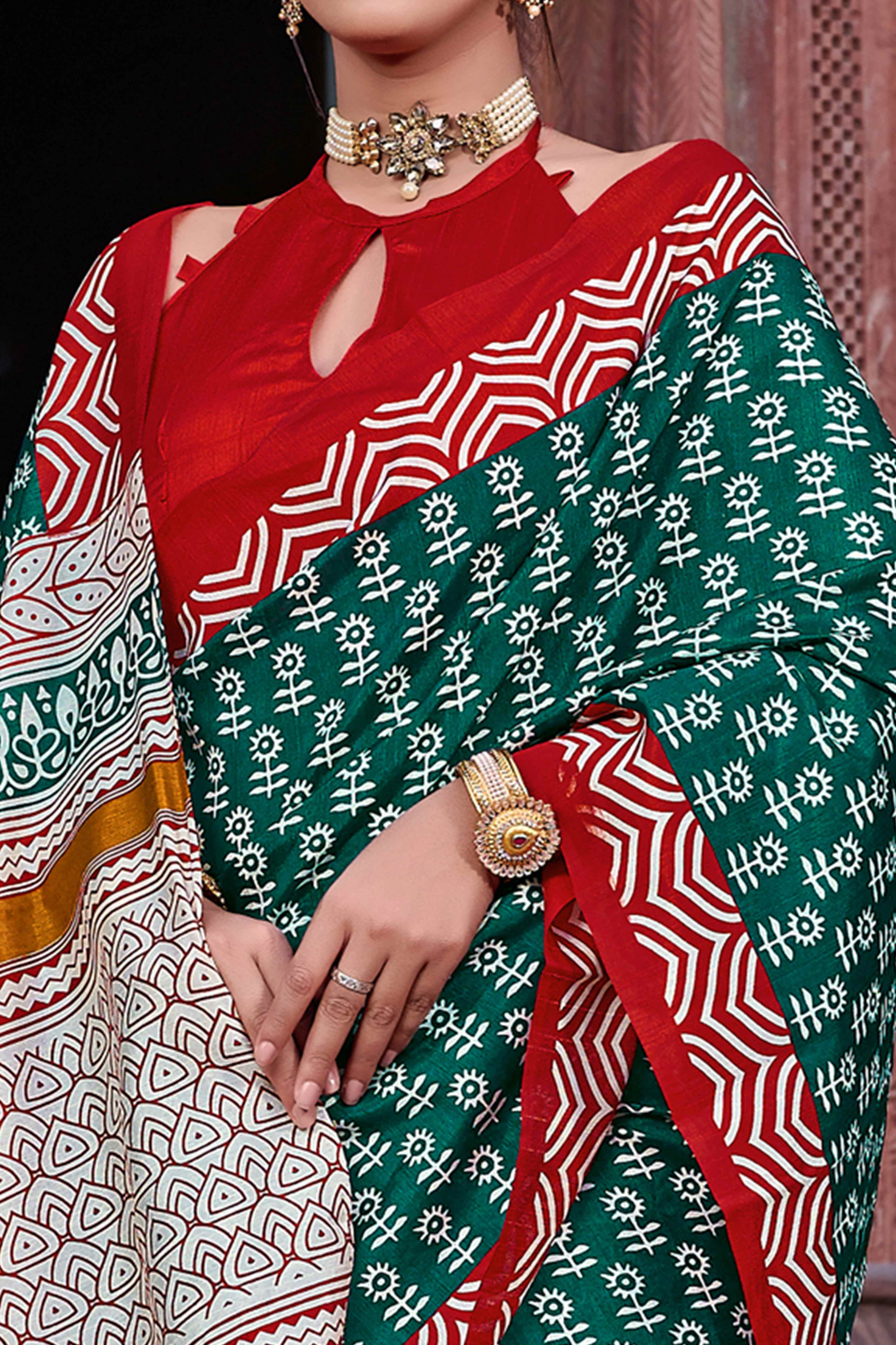 Green & Red Printed Bhagalpuri Silk Saree