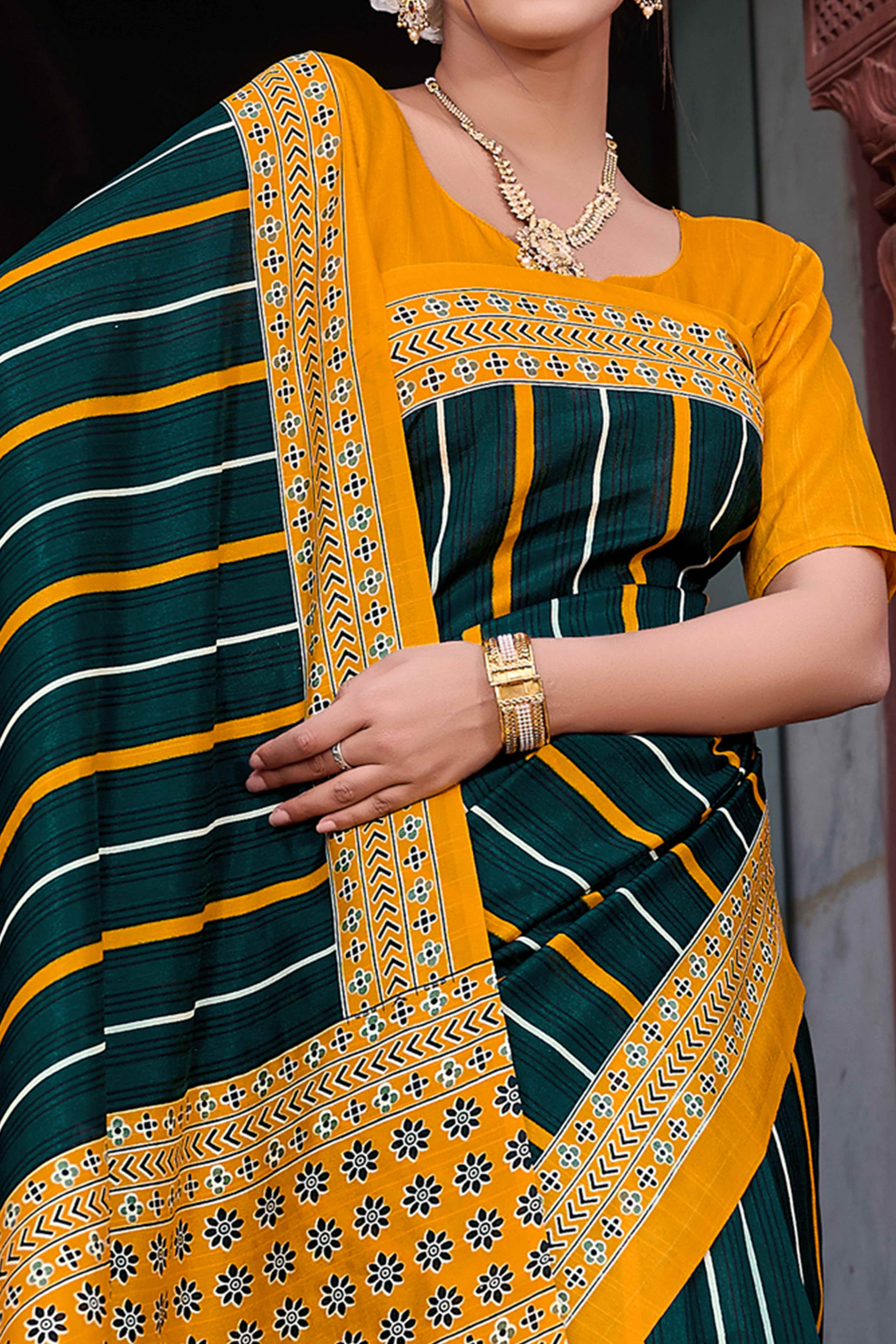 Green & Mustard Printed Bhagalpuri Silk Saree