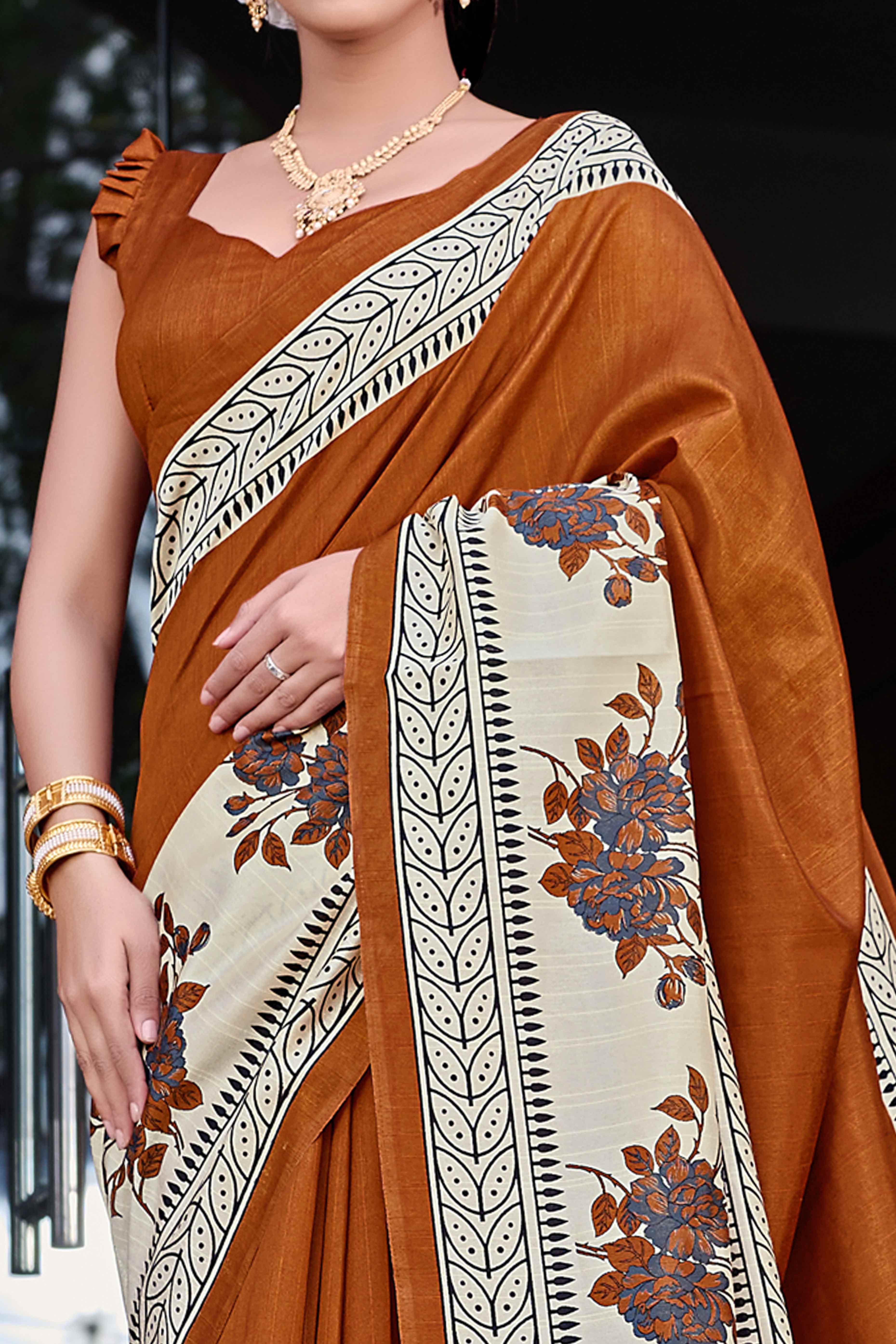 Brown & Beige Printed Bhagalpuri Silk Saree