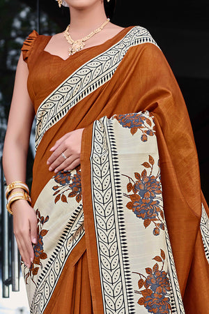 Brown & Beige Printed Bhagalpuri Silk Saree