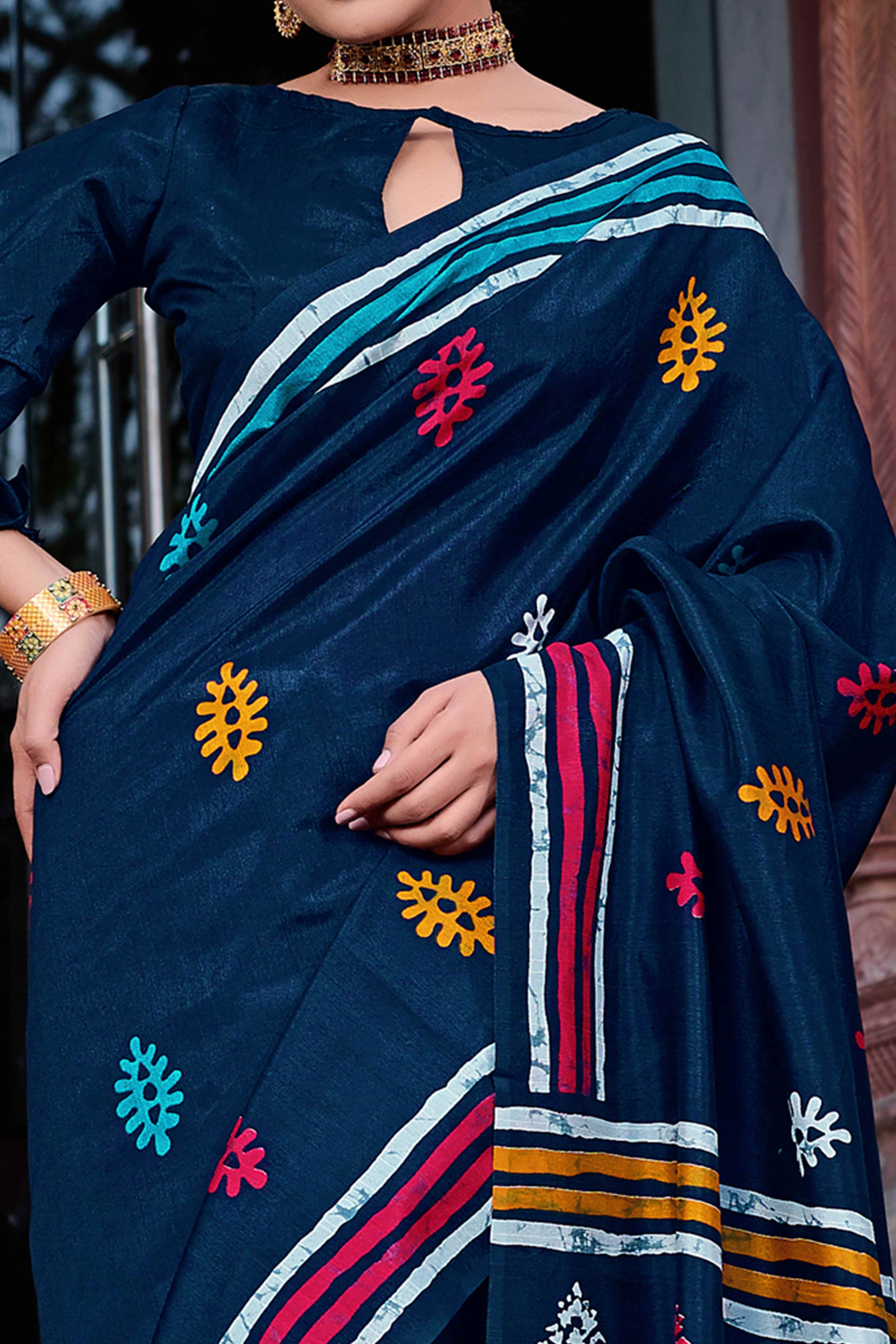 Blue Printed Bhagalpuri Silk Saree