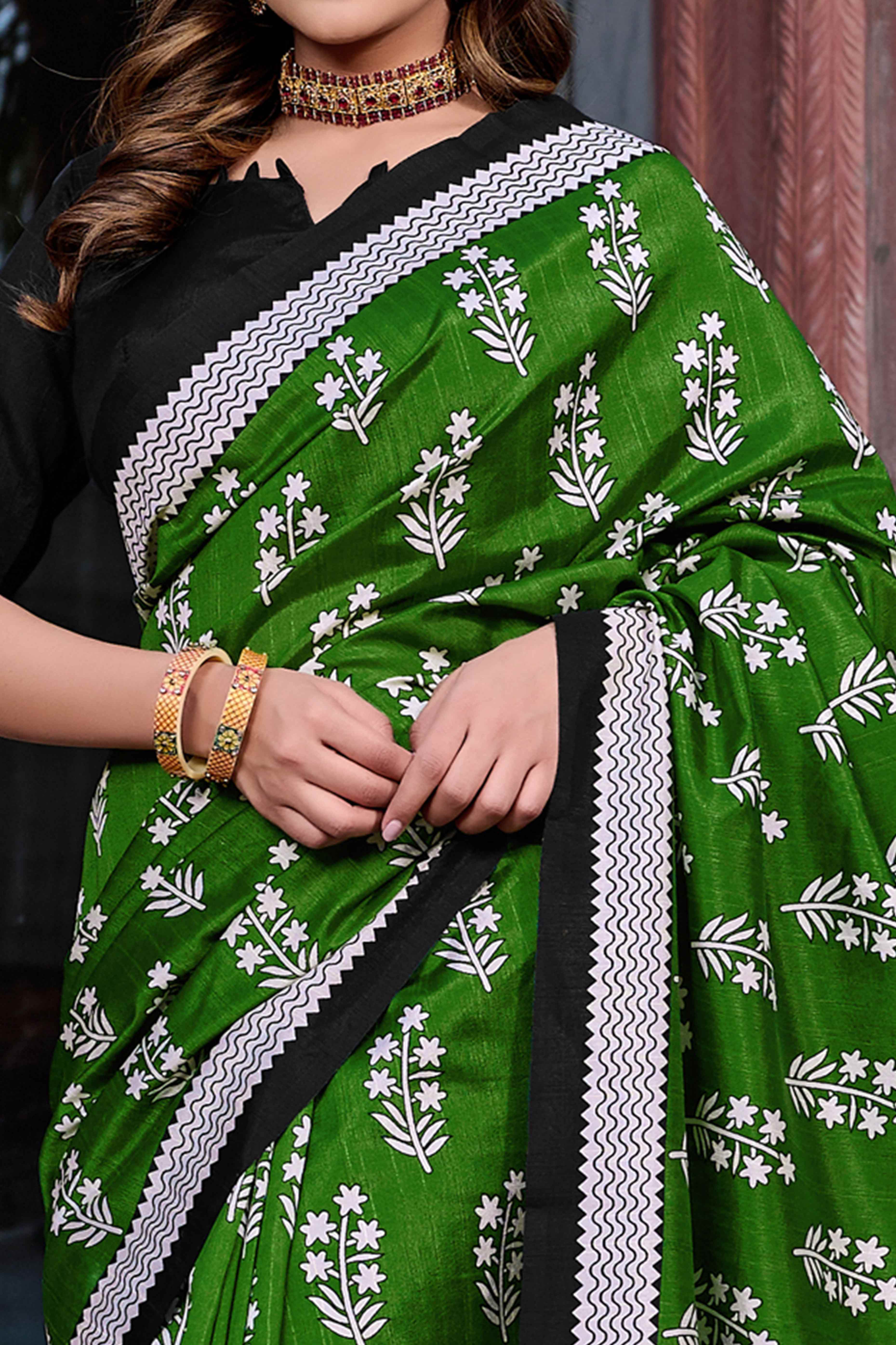 Green & Black Printed Bhagalpuri Silk Saree