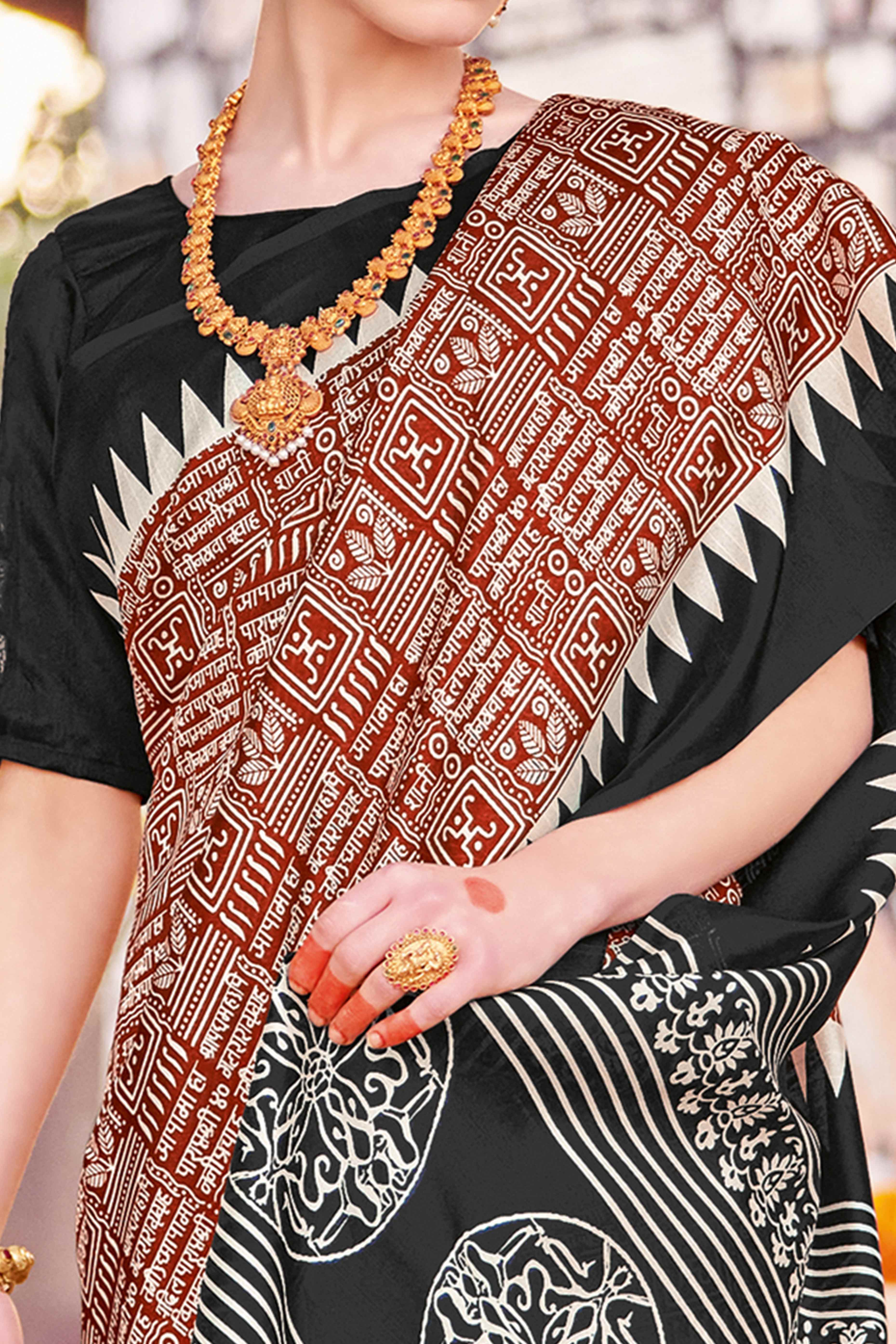 Dark Rust & Black Printed Bhagalpuri Silk Saree