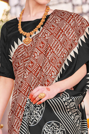 Dark Rust & Black Printed Bhagalpuri Silk Saree