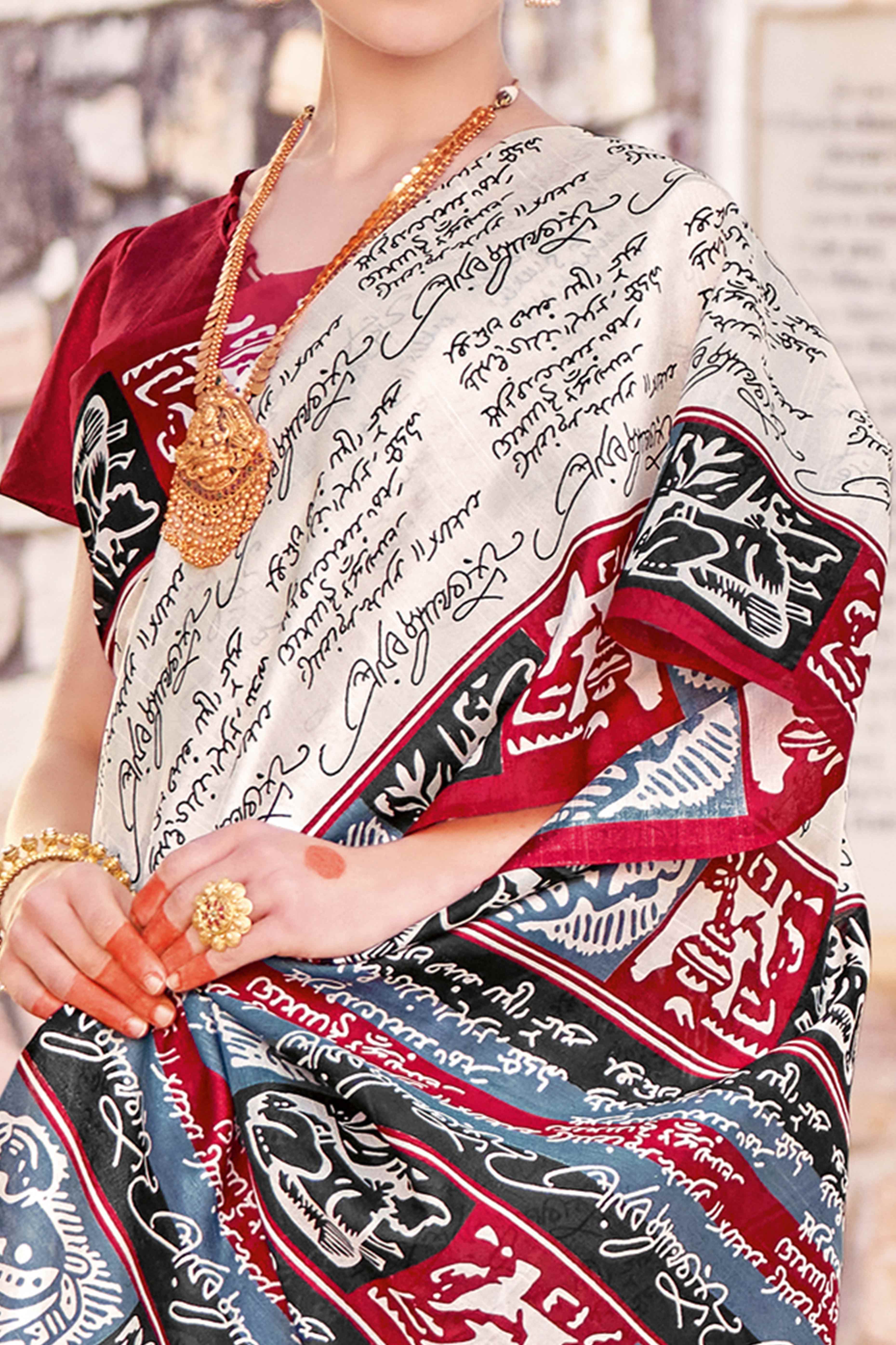 White Printed Bhagalpuri Silk Saree